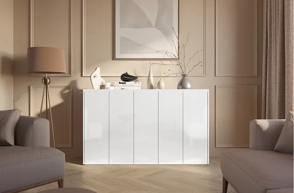 Stor byrå med LED-belysning vit blank/ek scandi EASY