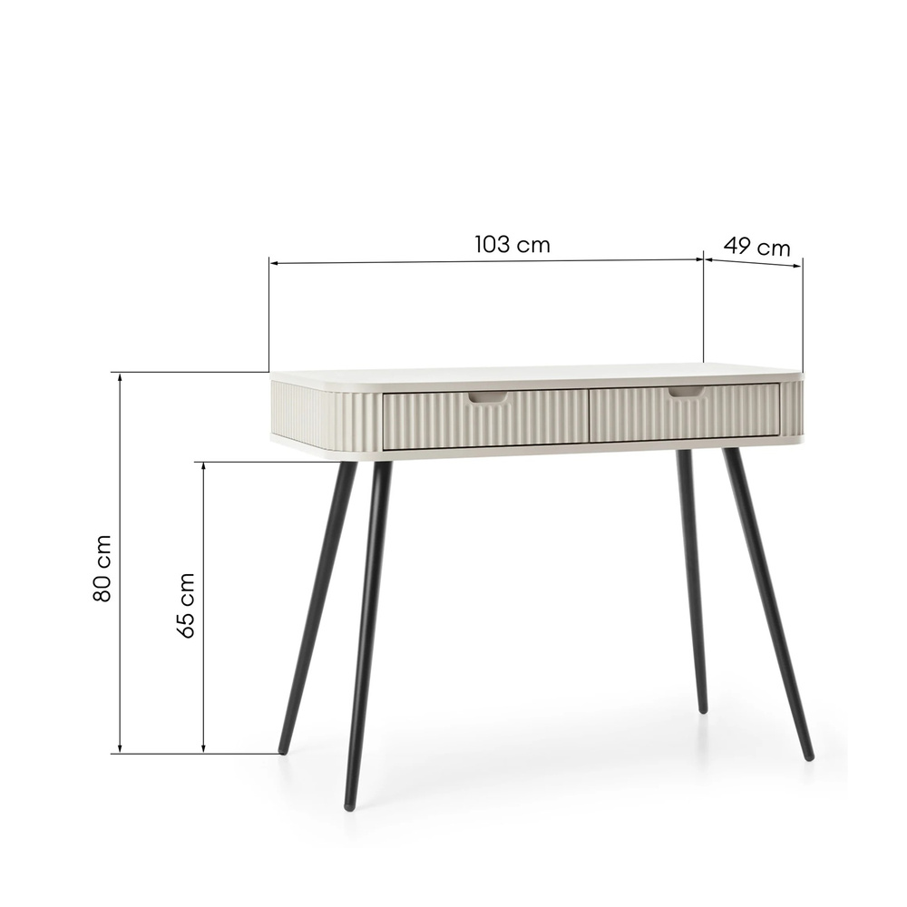 Vit sminkbord, svarta ben, räfflade lådor CALMA