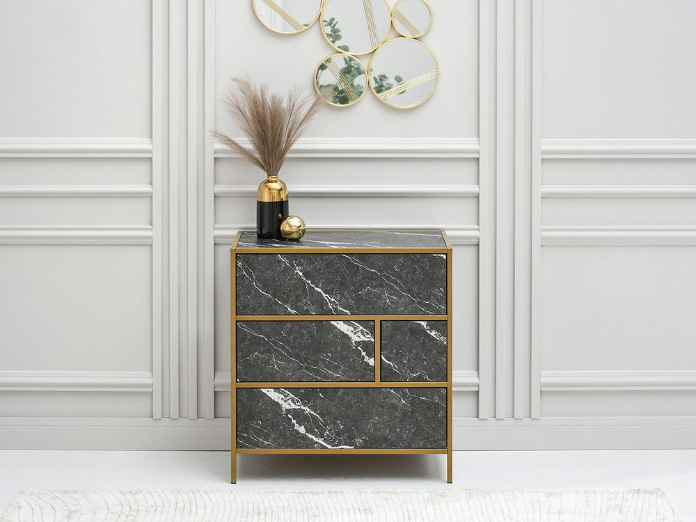 Byrå med lådor, svart marmor, guldram SAMOA B