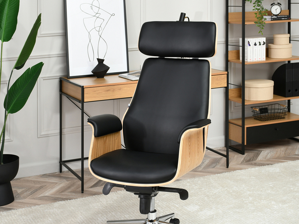 Kontorsfåtölj i svart/naturell ek med kromade ben LEONARD