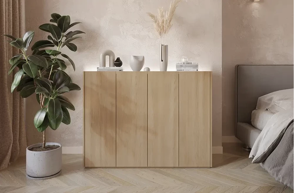 Modern byrå med LED-belysning ek scandi/vit högblank EASY