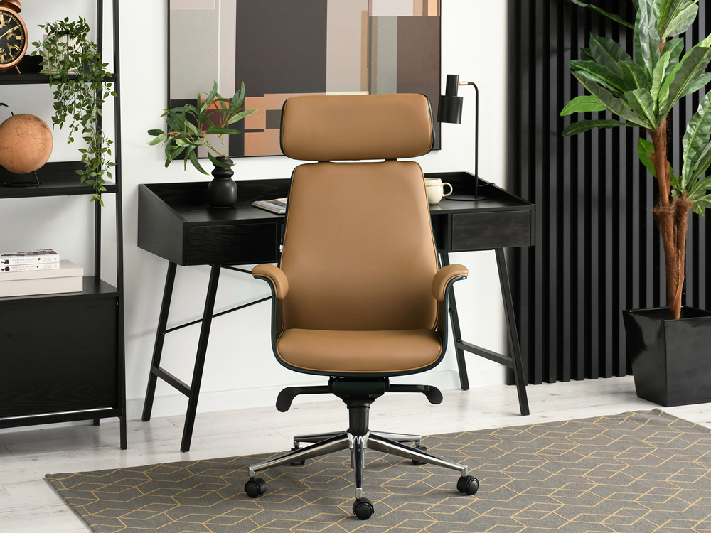 Kontorsfåtölj svart/karamell krom ben LEONARD