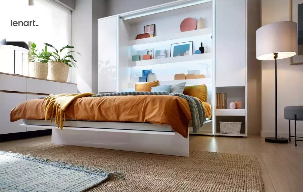 Sängskåp med bokhyllor 140 x 200 vit högglans Bed Concept BC-01