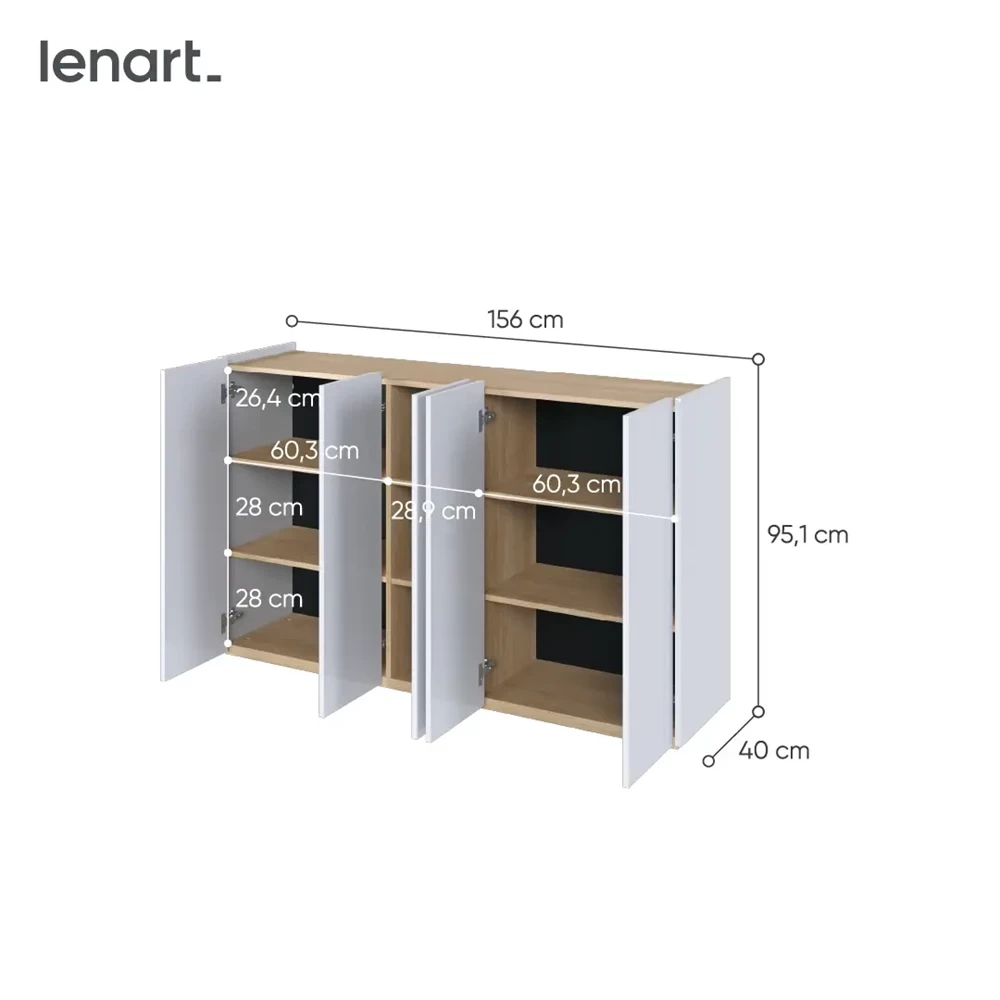 Stor byrå med LED-belysning vit blank/ek scandi EASY