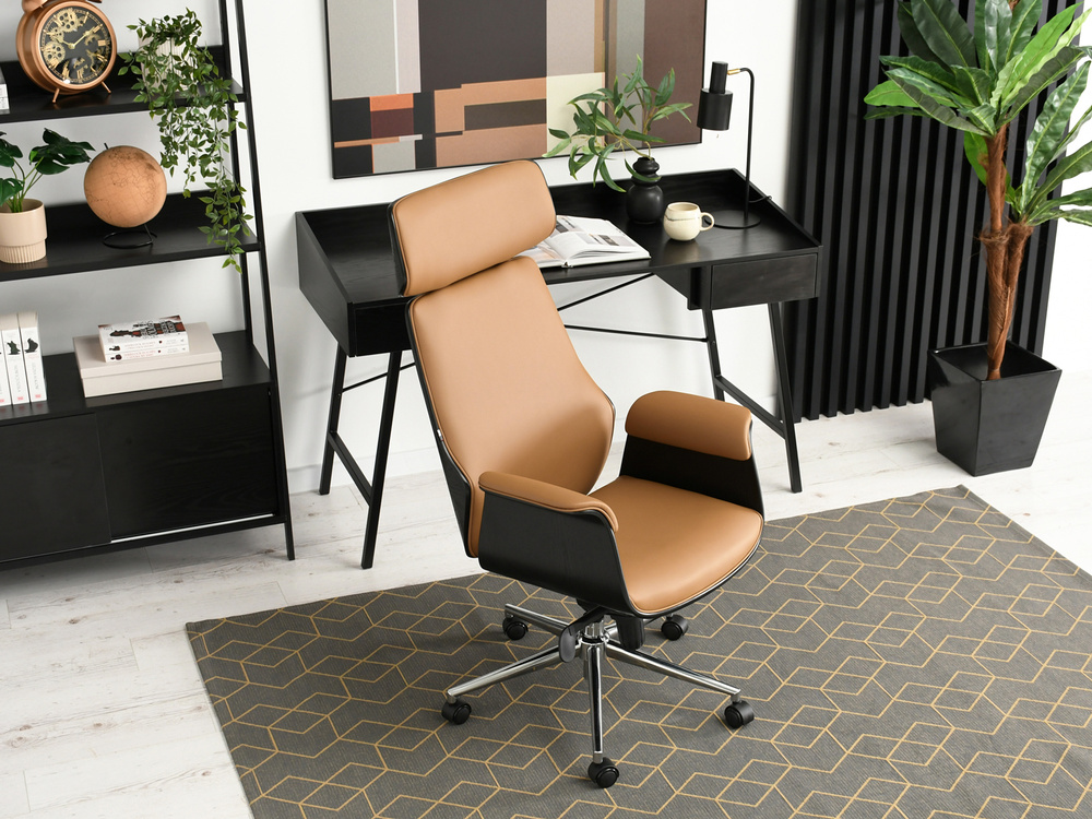 Kontorsfåtölj svart/karamell krom ben LEONARD