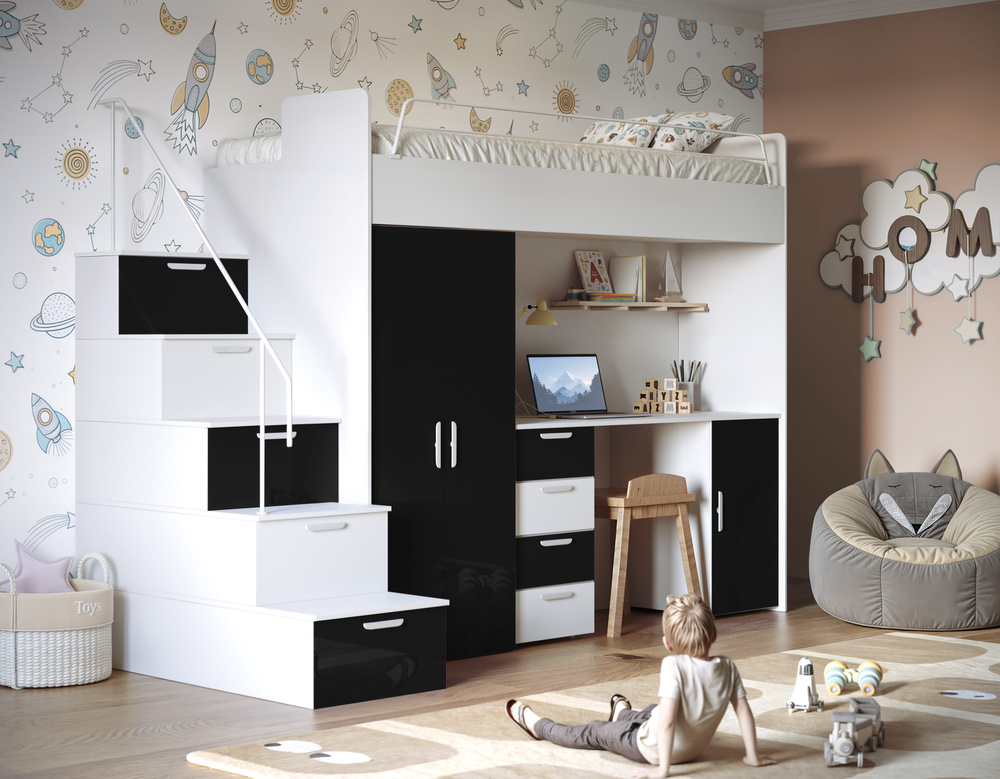 Våningssäng med trappa vit/svart EDEN 4