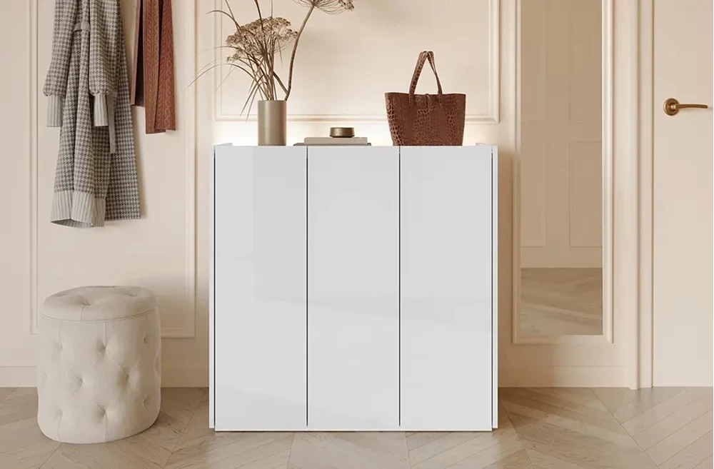 Liten byrå med LED-belysning vit blank/ek scandi EASY