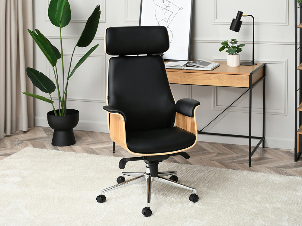 Kontorsfåtölj i svart/naturell ek med kromade ben LEONARD