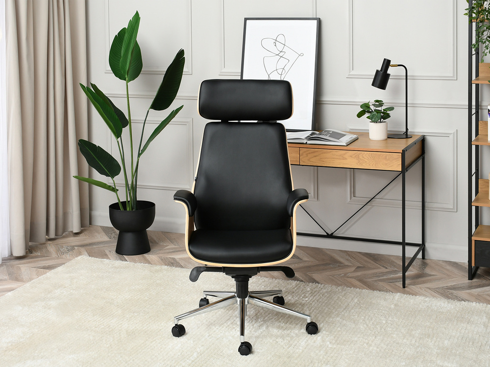 Kontorsfåtölj i svart/naturell ek med kromade ben LEONARD