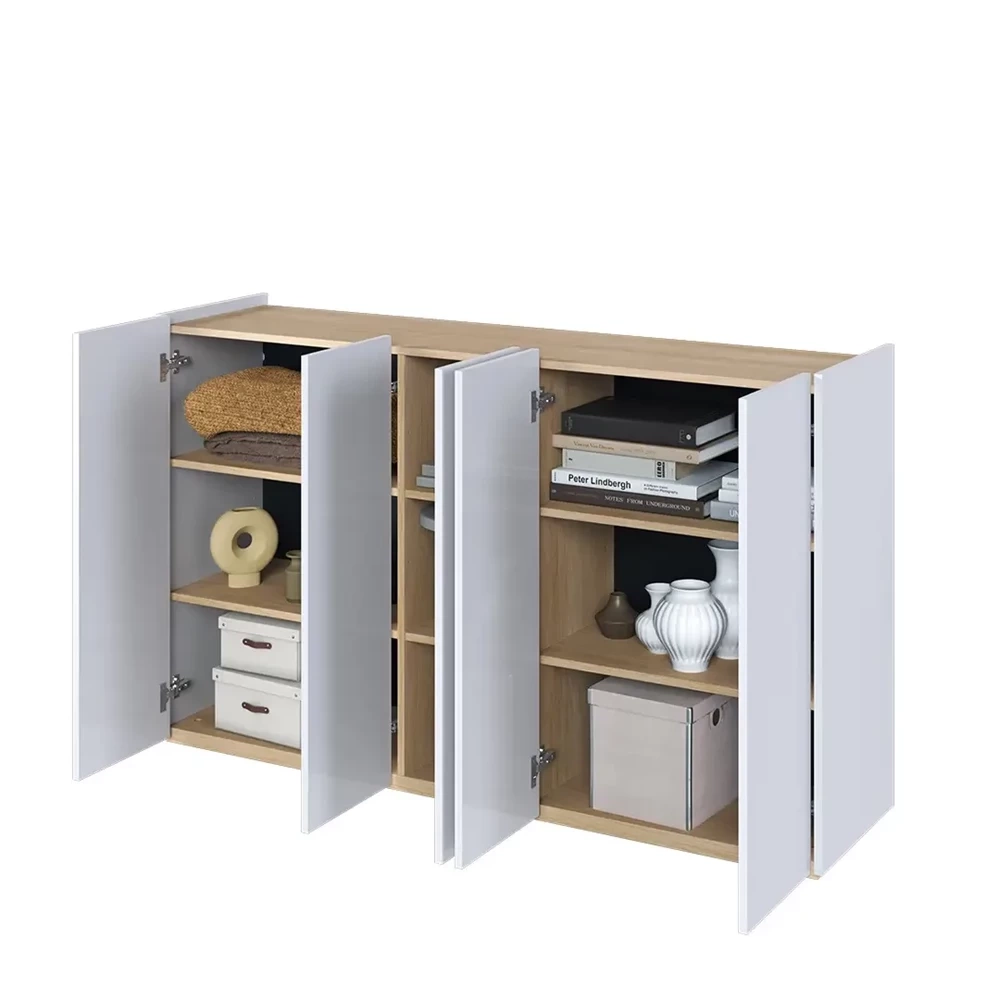 Stor byrå med LED-belysning vit blank/ek scandi EASY