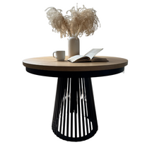 Runt matbord med lameller, 120 cm, svart/hickory ek ALEXANDER