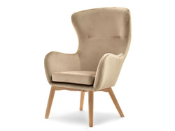 Fåtölj i beige velour med ben i bok LETA