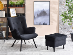 Velourfåtölj svart, svarta ben DALTON